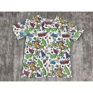 Fashion Scrubs Scrub Top Womens XS White Dinosaur Butterfly Print V-Neck Pockets
